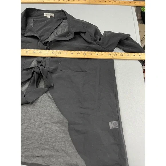 Cecico Black Sheer Chiffon Tie Front Split Back Long Sleeve Blouse Size L - Picture 8 of 10